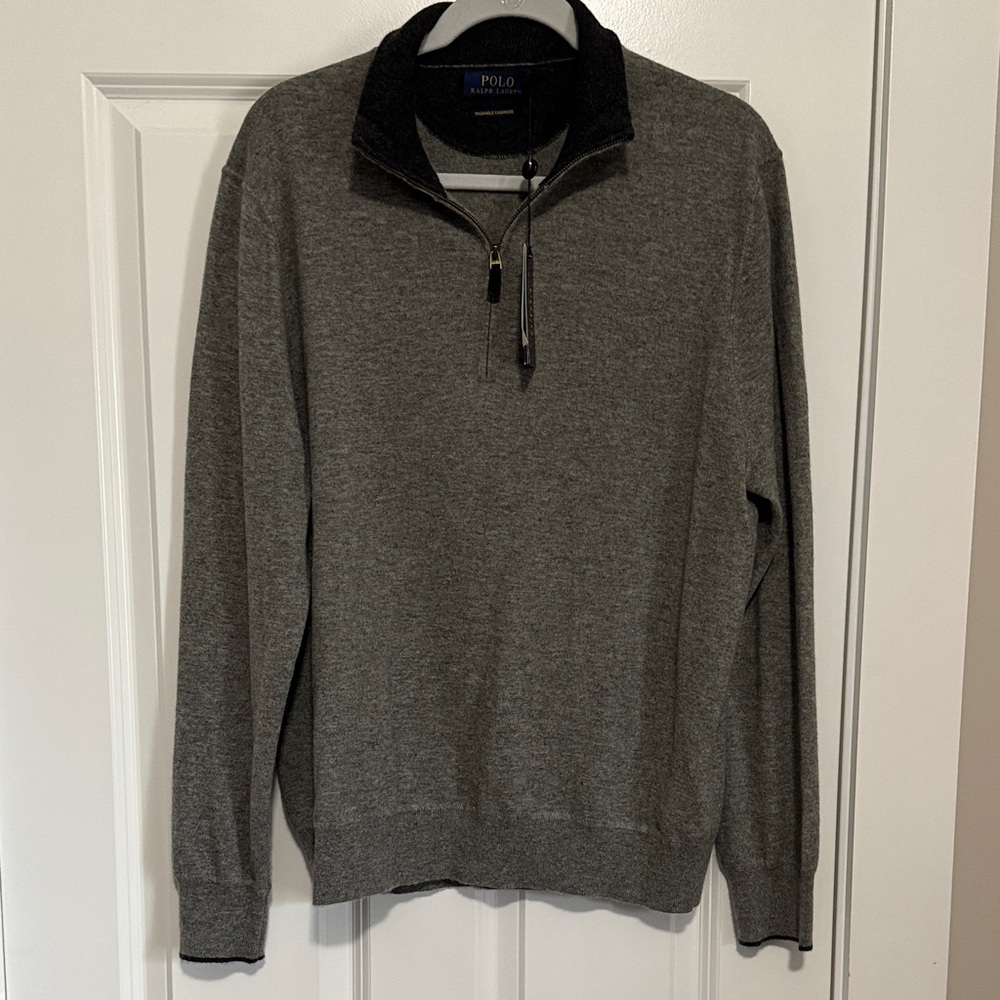 NWT! Polo by Ralph Lauren Quarter Zip-Up Sweater, washable cashmere in gray.